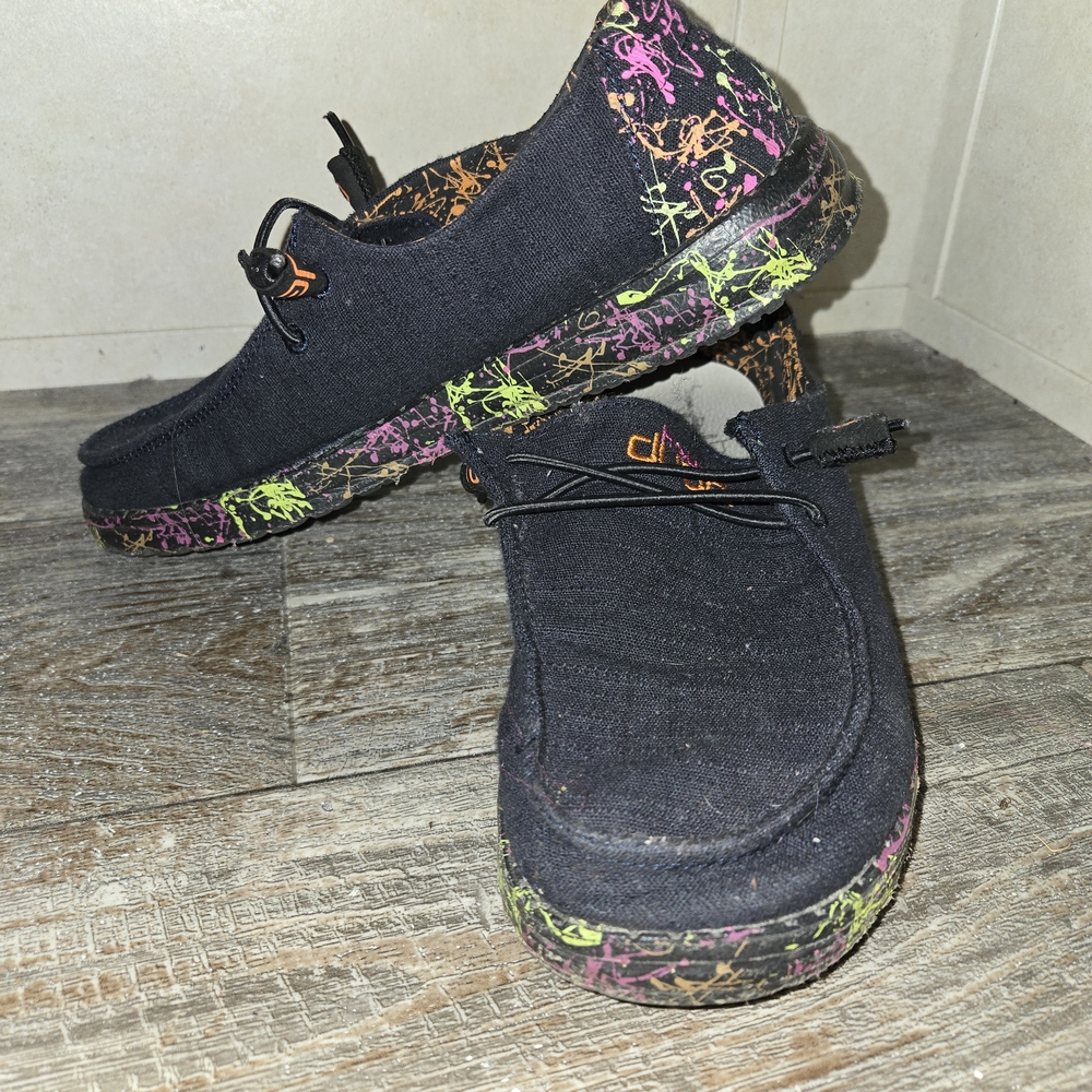 Hey Dude Black Canvas Shoes with Orange Splatter